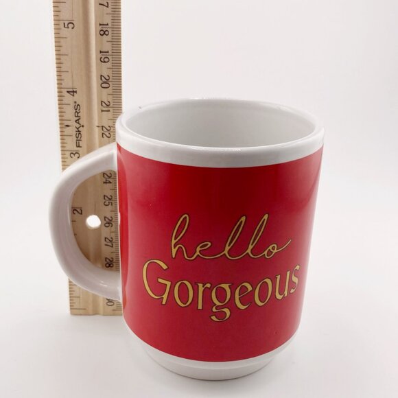 VINTAGE red gold white Hello Gorgeous ceramic mug ~ 1970s 1980s small coffee cup - Picture 8 of 9